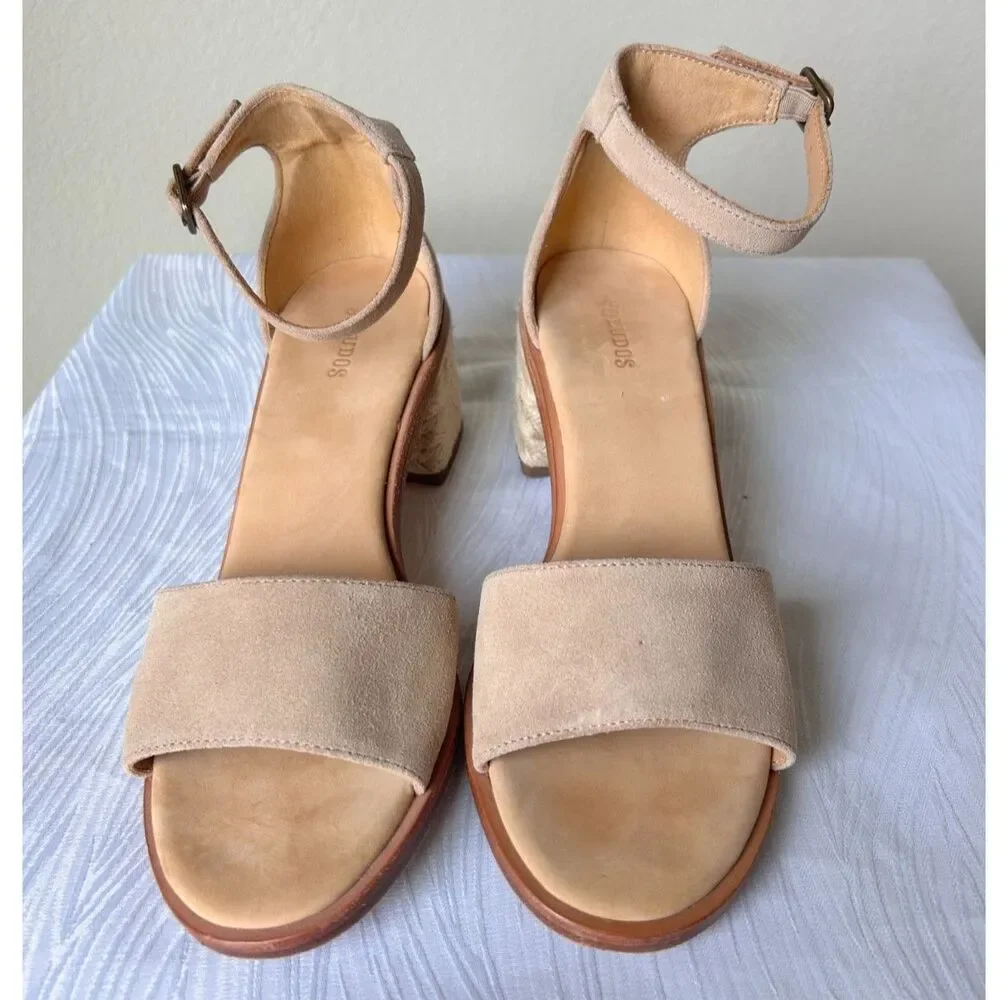 Soludos Capri Cream Beige Suede Block Heel Espadrille Ankle Strap Sandals